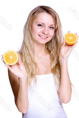 woman holding the orange