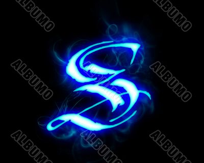 Blue flame magic font over black background. Letter S