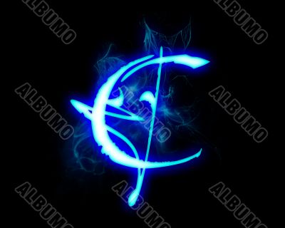 Blue flame magic font over black background. Letter C