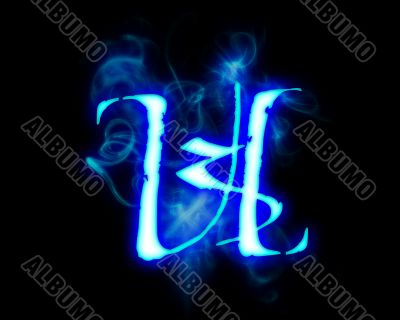 Blue flame magic font over black background. Letter U