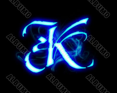 Blue flame magic font over black background. Letter K