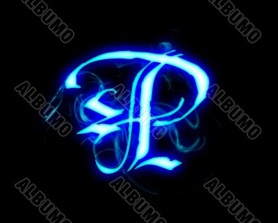 Blue flame magic font over black background. Letter P