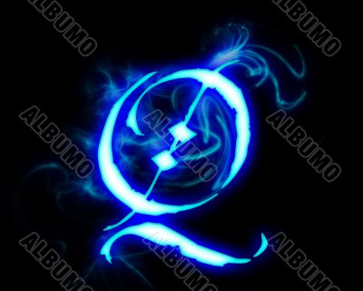 Blue flame magic font over black background. Letter Q