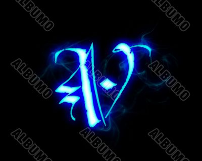Blue flame magic font over black background. Letter V