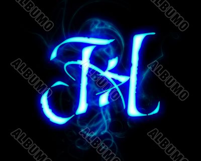 Blue flame magic font over black background. Letter H