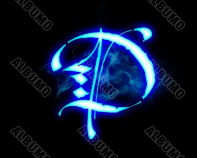 Blue flame magic font over black background. Letter D
