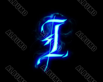 Blue flame magic font over black background. Letter I