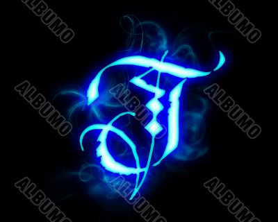 Blue flame magic font over black background. Letter T