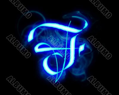 Blue flame magic font over black background. Letter F