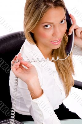 top view of smiling lawyer busy on phone