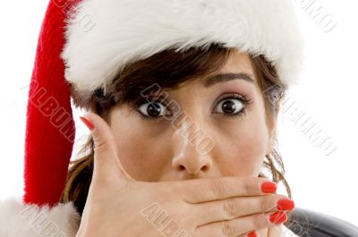 shocked female attorney wearing christmas hat