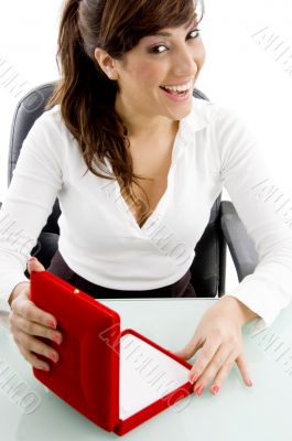 front view of female accountant with jewellery box