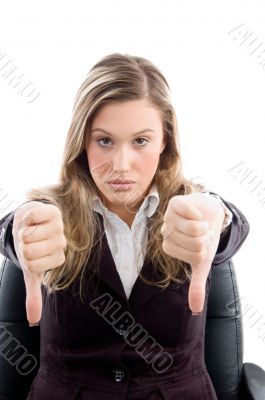 sitting female with thumbs down