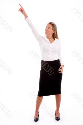 front view of smiling ceo pointing up front view of smiling ceo pointing up