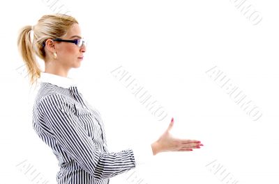 side view of woman offering handshake