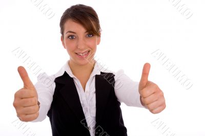 portrait of businesswoman with thumbs up