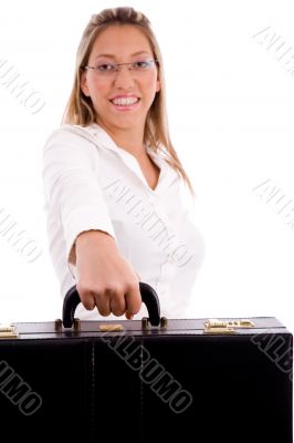 front view of smiling lawyer holding briefcase front view of smiling lawyer holding briefcase