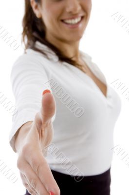 side view of female accountant offering handshake