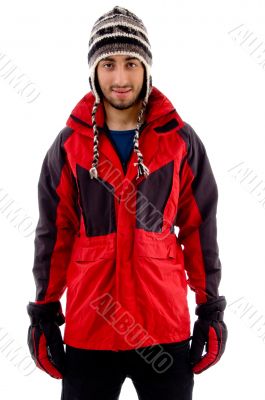 young man in woolen cap and winter jacket