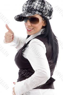 portrait of caucasian female with thumbs up
