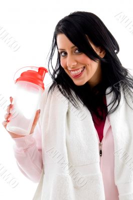 happy female with bottle on white background