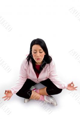 model doing meditation on white background
