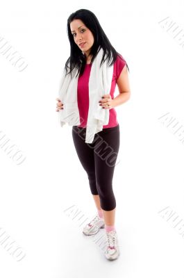 front view of standing woman on white background