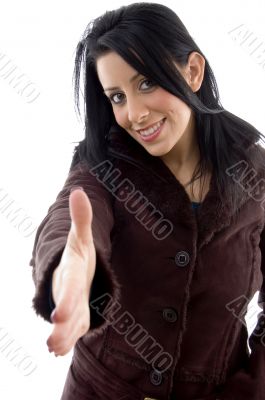 female offering handshake on white background