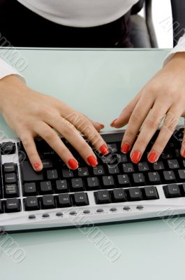 front view of female hands working on keyboard