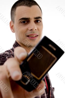 man showing cell phone