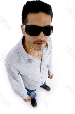 high angle view of handsome man wearing sunglasses