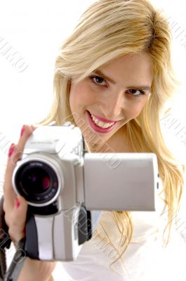 high angle view of happy woman with handy cam