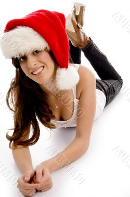 smiling pose of christmas hat wearing woman smiling pose of christmas hat wearing woman