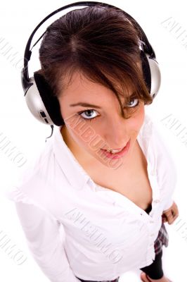 happy fashionable woman listening music