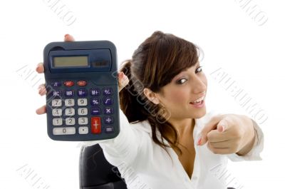 attorney with pointing and holding calculator