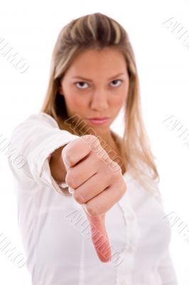 portrait of young manager showing thumb down portrait of young manager showing thumb down