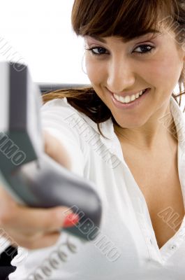 happy female holding phone receiver accountant