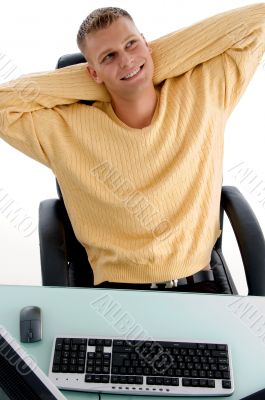 man laughing while resting