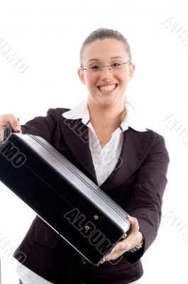 smiling woman showing briefcase