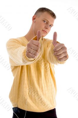 handsome guy showing  thumbs up with both hands