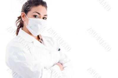 portrait of doctor with mask and folded hands