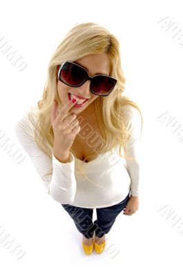 high angle view of model wearing sunglasses