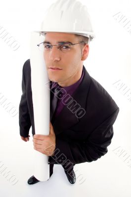 male architect holding blueprints