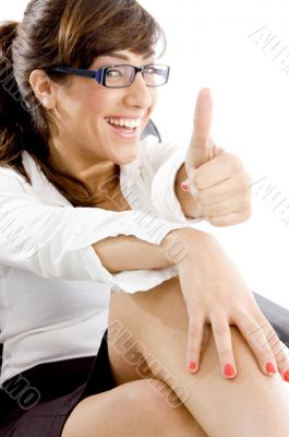 side angle view of happy accountant with thumbs up