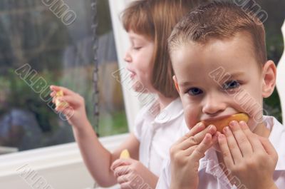 Sister and Brother Eating an Apple