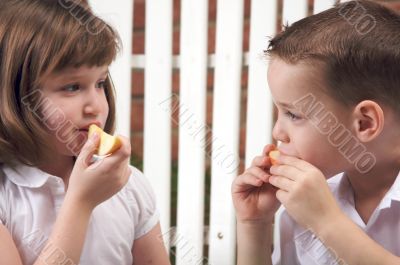 Sister and Brother Eating an Apple