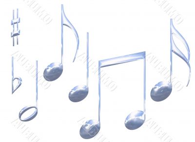 Set of chrome metal musical note symbols isolated