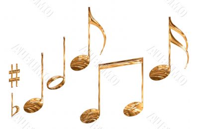 Set of gold pattern musical note symbols isolated