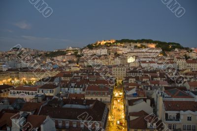 Bird view of downtown of the city at sunset, lisbon, portugal