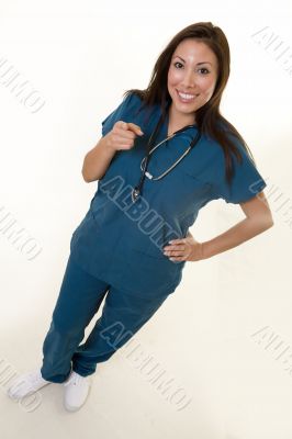 Happy nurse pointing